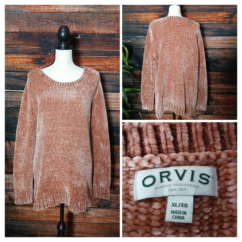 Orvis Sweater XL Soft Chenille Dusty Rose Crew Neck Velvety Warm Chunky Knit